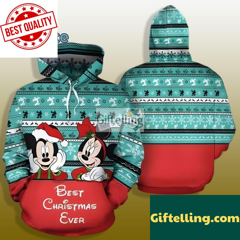 Best Christmas Ever Mickey And Minnie Mouse Ugly 3D Zip Up Hoodie Green