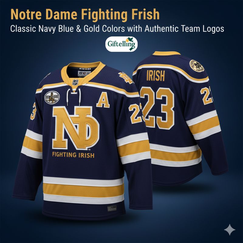 Notre Dame Fighting Irish hockey jersey displaying classic navy blue and gold colors with authentic team logos