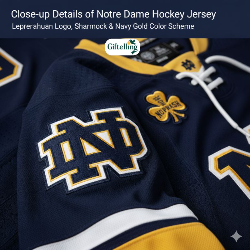 Close-up details of Notre Dame hockey jersey showing leprechaun logo shamrock and navy gold color scheme
