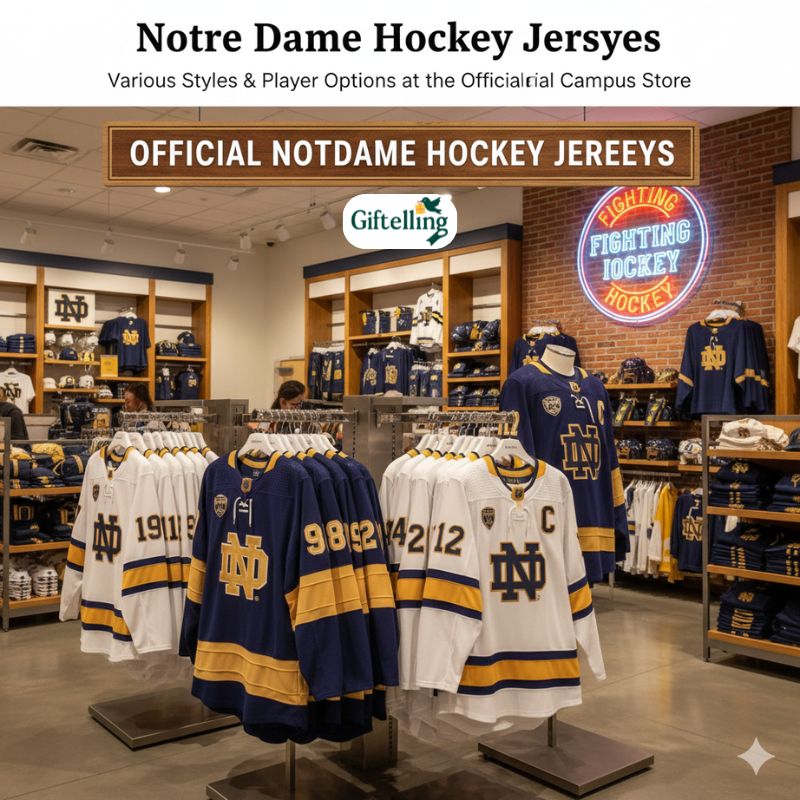 Notre Dame hockey jerseys displayed at official campus store showing various styles and player options