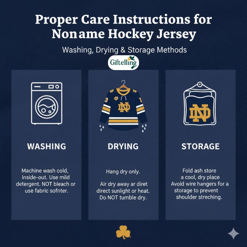 Proper care instructions for Notre Dame hockey jersey showing washing hanging and storage methods