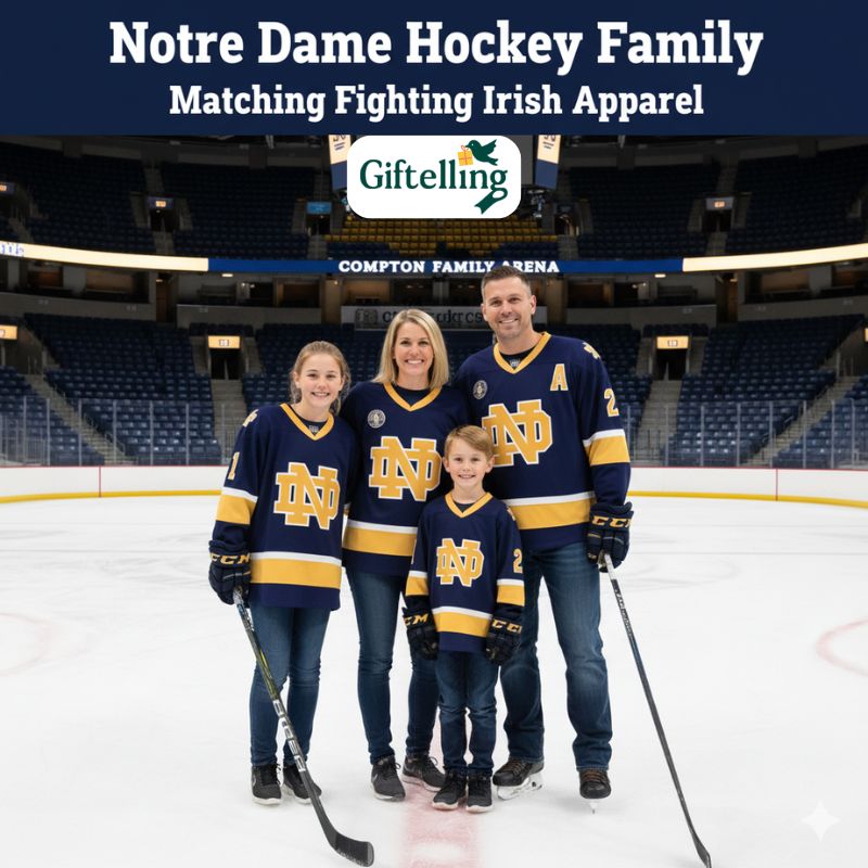 Notre Dame hockey jersey family wearing matching Fighting Irish apparel at Compton Family Ice Arena