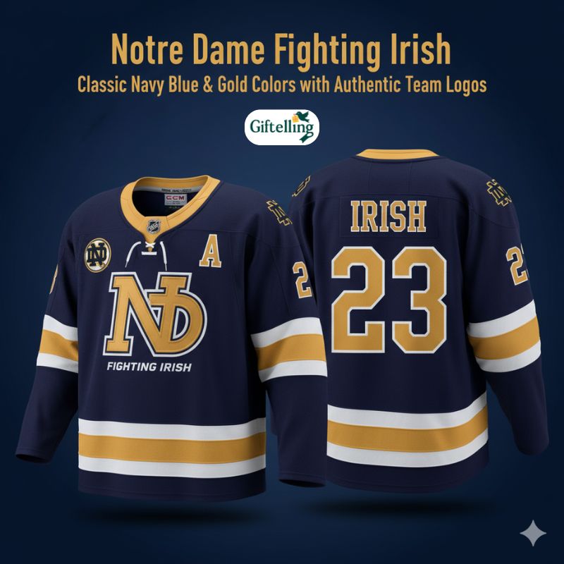 Notre Dame Fighting Irish hockey jersey displaying classic navy blue and gold colors with authentic team logos