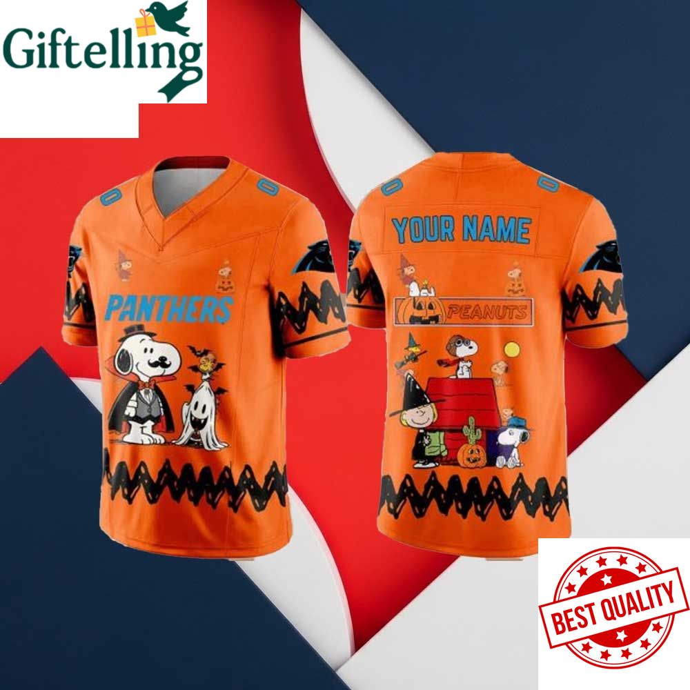 Carolina Panthers Snoopy Peanuts 75Th Year Halloween Personalized Football Jersey