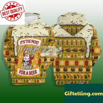 Christmas Santa Claus Wonderful Time For Beer 3D Hoodie Yellow Pattern