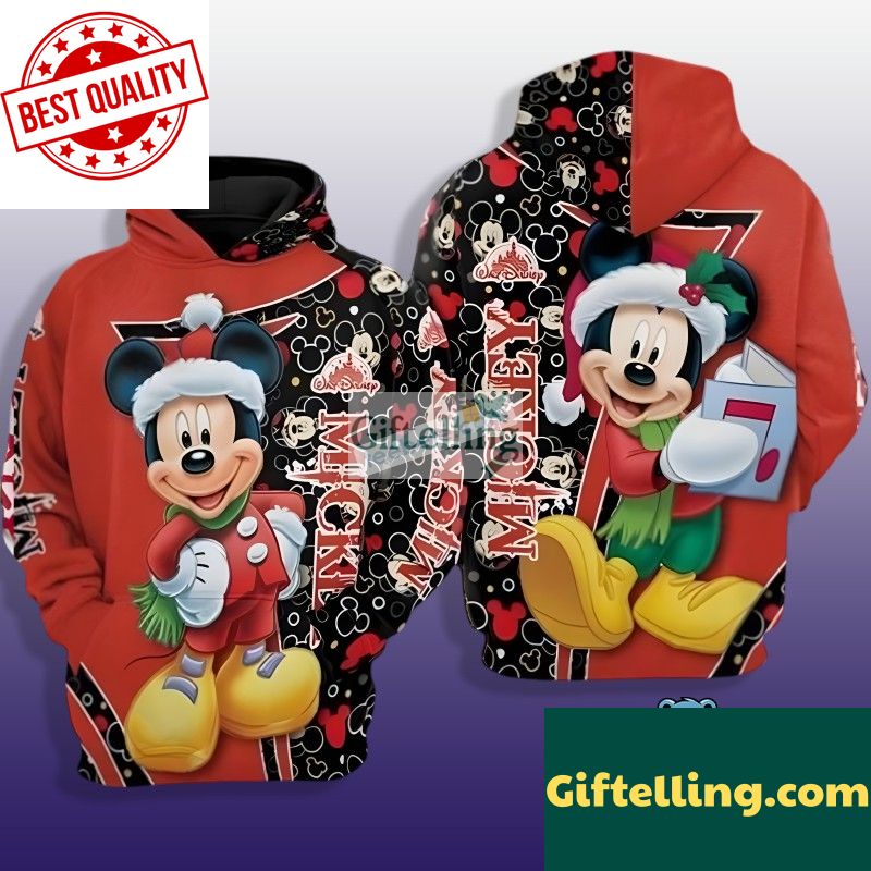 Christmas Santa Mickey Mouse Music Note 3D Hoodie Red Puff Print