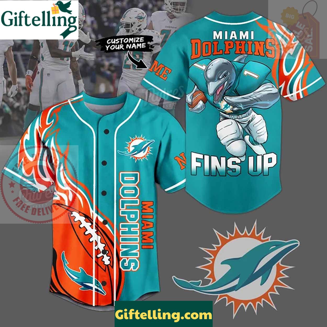 Custom Miami Dolphins Fins Up Baseball Jersey - Padres Jersey Oasis Elevate Your Baseball Style Game 1