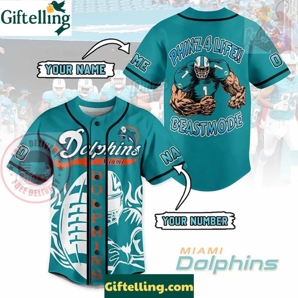 Custom NFL Miami Dolphins Phins 4Life Beast Mode Baseball Jersey