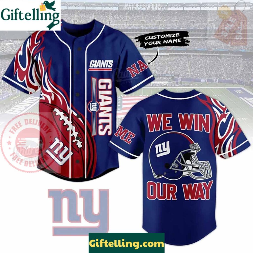 Custom NFL New York Giants We Win Our Way Baseball Jersey