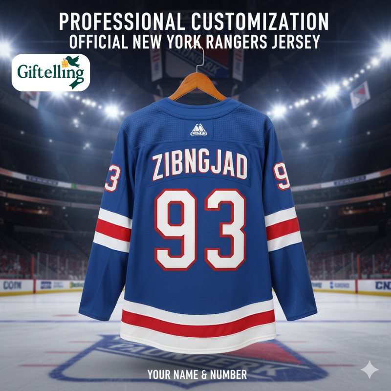 Custom New York Rangers hockey jersey with player name and number showing professional customization details