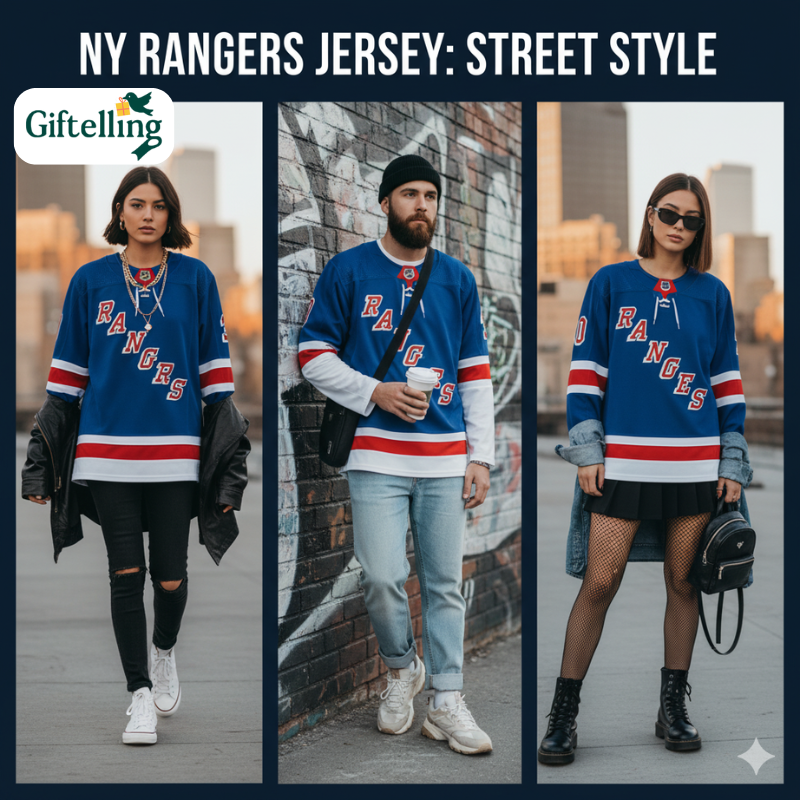 Fashion styling examples showing New York Rangers hockey jersey worn in various casual and streetwear outfits