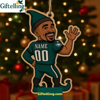 Funny Philadelphia Eagles Jalen Hurts Elf Wooden Ornament