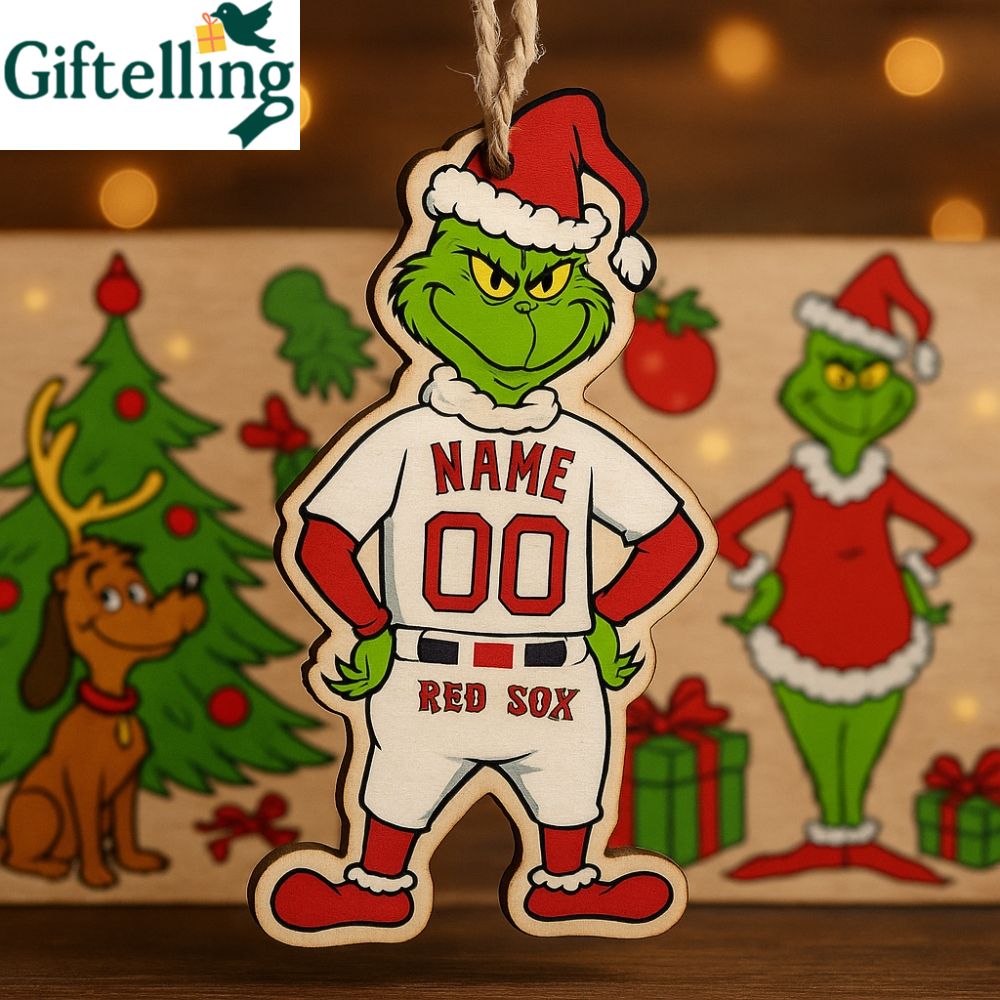 Grinch Red Sox Christmas Ornament Custom Wooden Holiday Decor