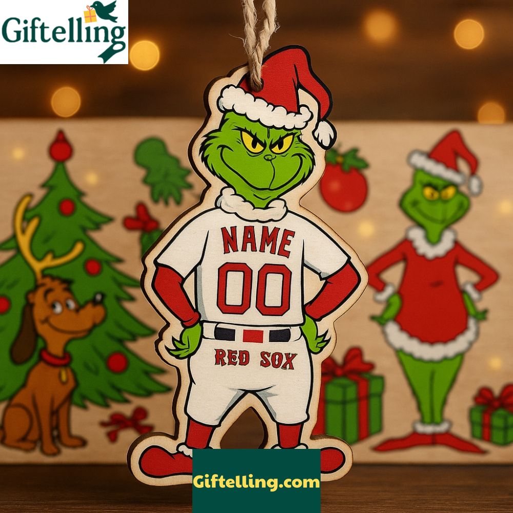 Grinch Red Sox Christmas Ornament Custom Wooden Holiday Decor
