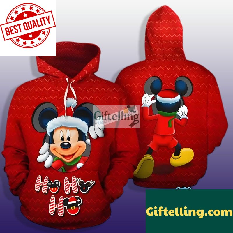 Ho Ho Ho Mickey Mouse Santa Claus 3D Hoodie Red Puff Print