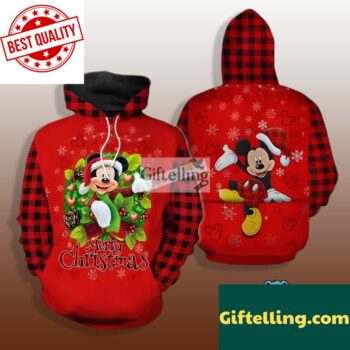 Merry Christmas Holiday Mickey Mouse Face 3D Hoodie Red Zipper