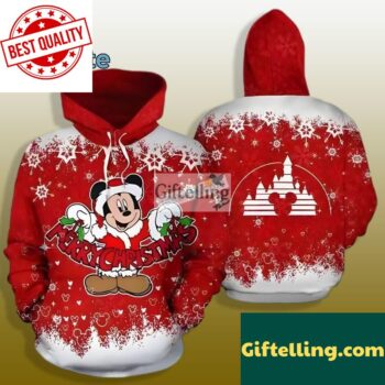 Merry Christmas Mickey Mouse Santa Claus Snowflakes 3D Hoodie Red Mens 