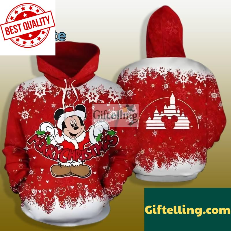 Merry Christmas Mickey Mouse Santa Claus Snowflakes 3D Hoodie Red Mens