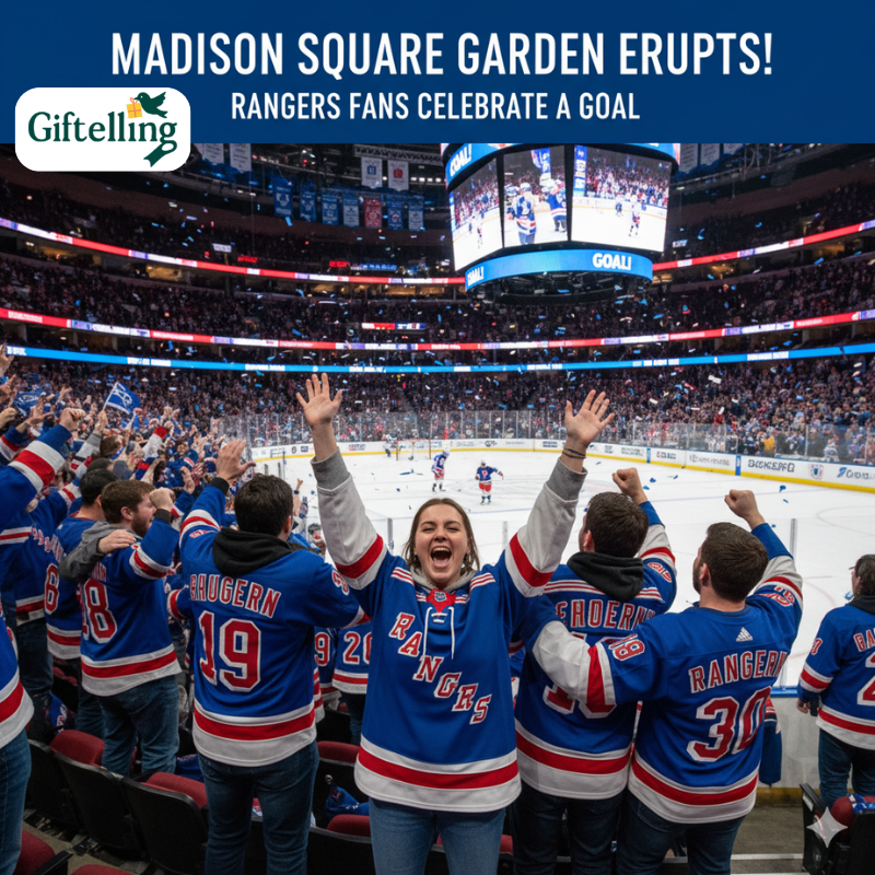 New York Rangers fans wearing jerseys at Madison Square Garden celebrating goal during hockey game