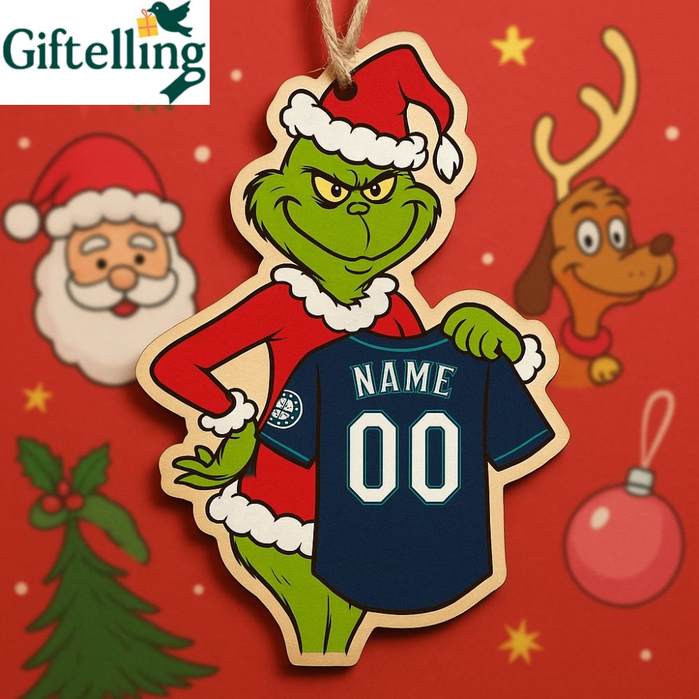 Personalized Grinch Seattle Mariners Wooden Ornament Custom Name And Number Jersey Christmas Gift