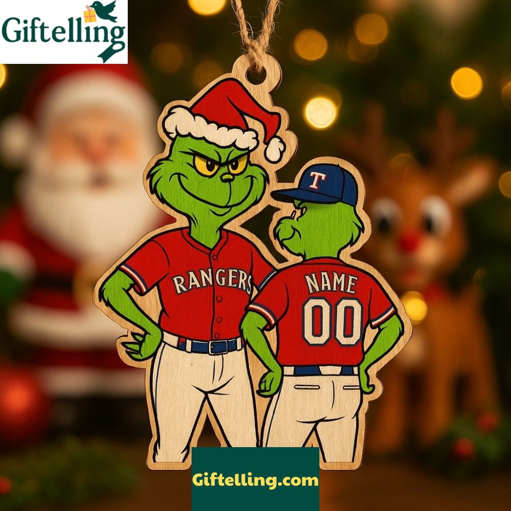 Personalized Grinch Texas Rangers Christmas Ornament 2025