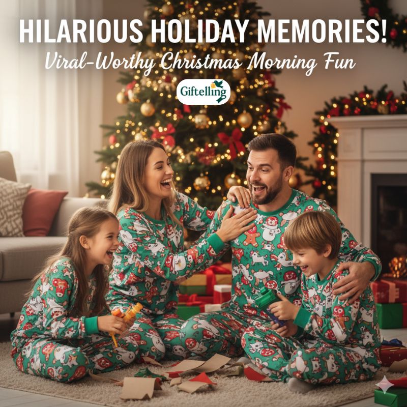 Family in hilarious funny Christmas pajamas laughing together on Christmas morning creating viral-worthy holiday memories