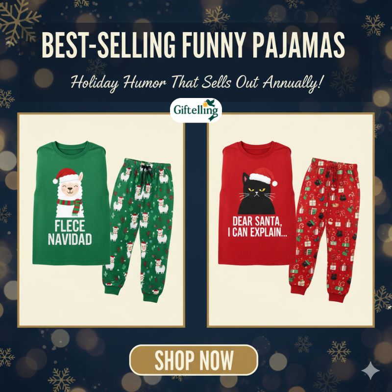 Popular funny Christmas pajama designs including Fleece Navidad puns and sarcastic Dear Santa styles that sell out annually