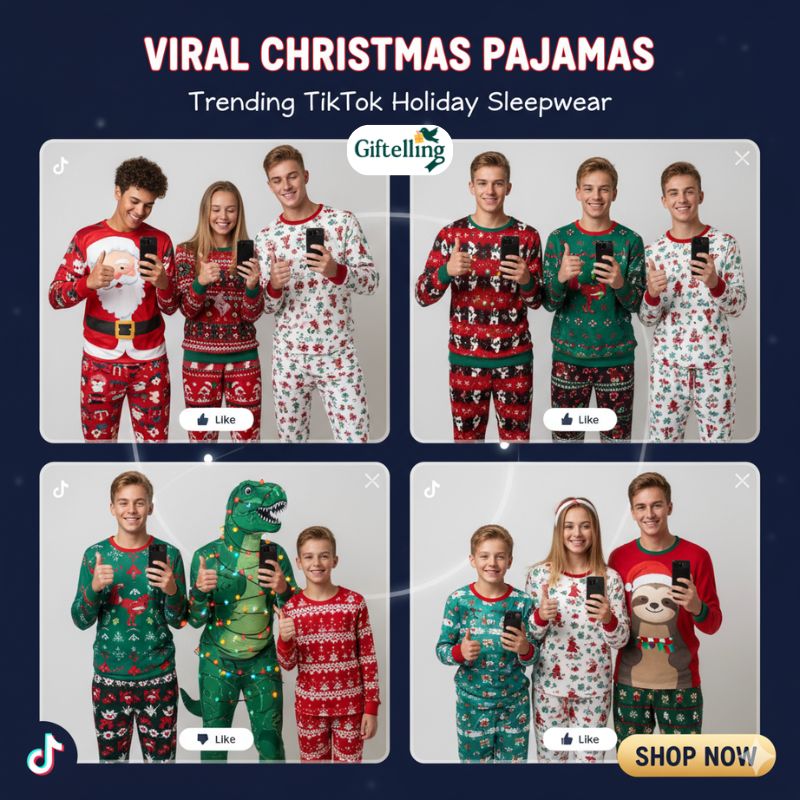 Trending funny Christmas pajamas from TikTok showing viral designs and social media worthy holiday sleepwear styles