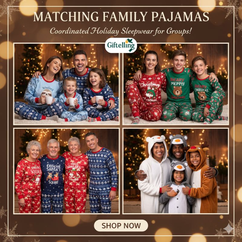 Matching funny family Christmas pajamas and animal themed holiday sleepwear showing popular coordinated designs for groups