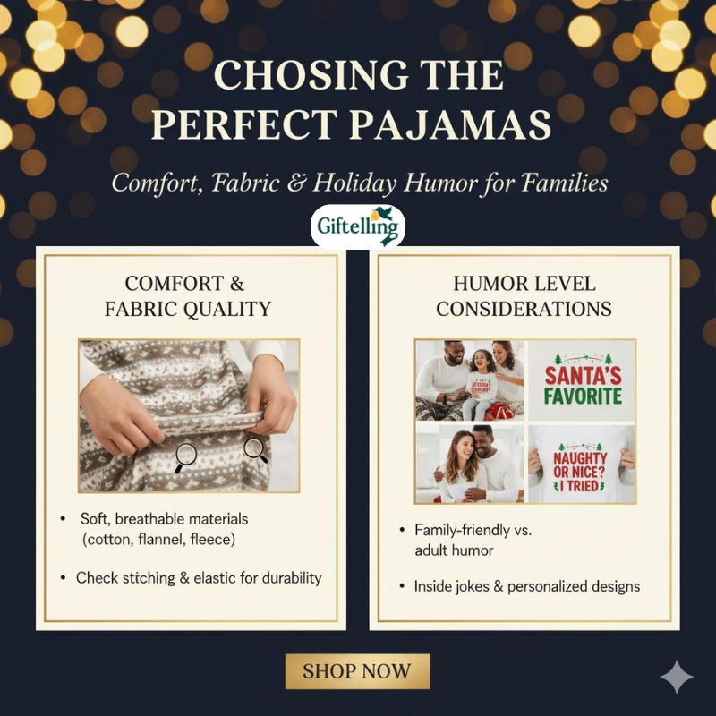 Guide to choosing comfortable funny Christmas pajamas showing fabric quality checks and humor level considerations for families