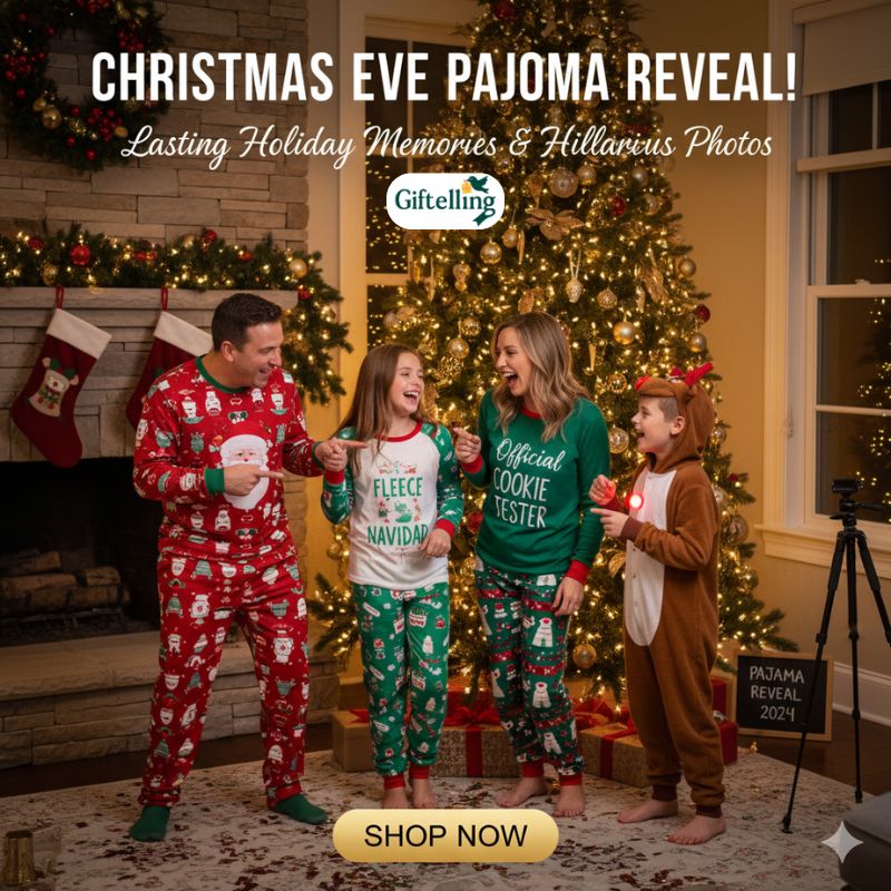 Christmas Eve funny pajama reveal tradition and annual photo shoot showing family creating lasting holiday memories in humorous sleepwear