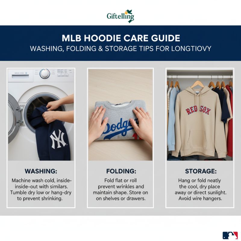 MLB hoodie care instructions showing proper washing folding storage techniques for garment longevity