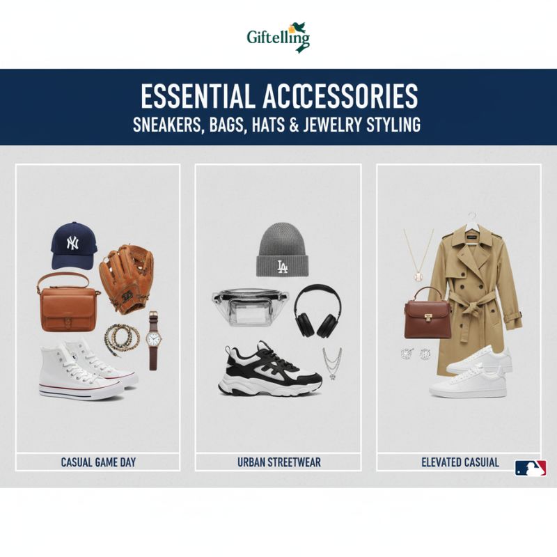 Essential accessories for MLB hoodie outfits including sneakers bags hats and jewelry styling options