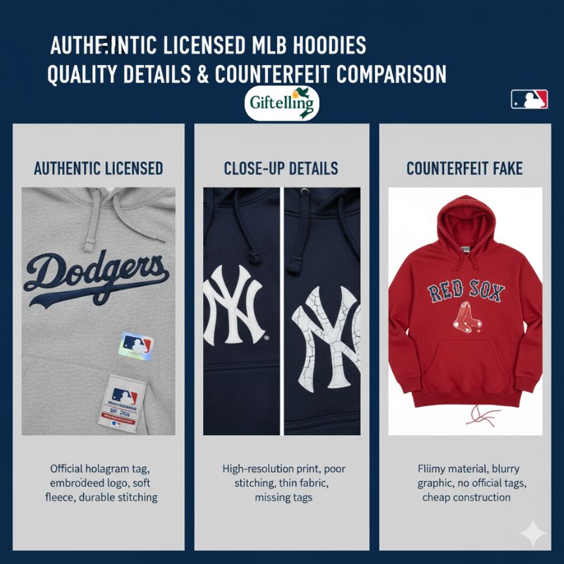 Authentic licensed MLB hoodie showing official tags holograms and quality details versus counterfeit comparison