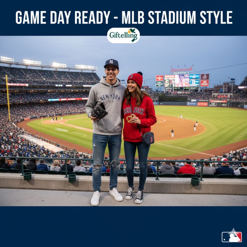 Complete MLB hoodie game day outfit with jeans sneakers cap and accessories at baseball stadium