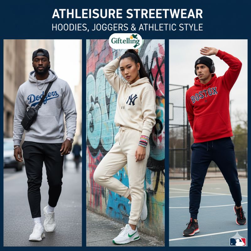 Athleisure outfit with MLB hoodie joggers athletic sneakers and contemporary streetwear accessories