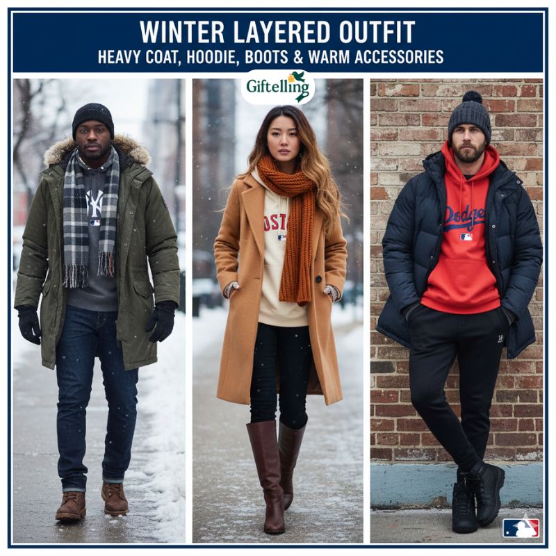 Winter layered outfit featuring MLB hoodie under heavy coat with jeans boots and warm accessories