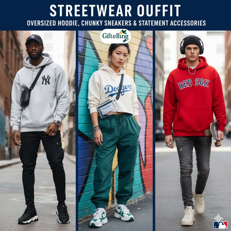 Streetwear outfit featuring oversized MLB hoodie with fitted pants chunky sneakers and statement accessories