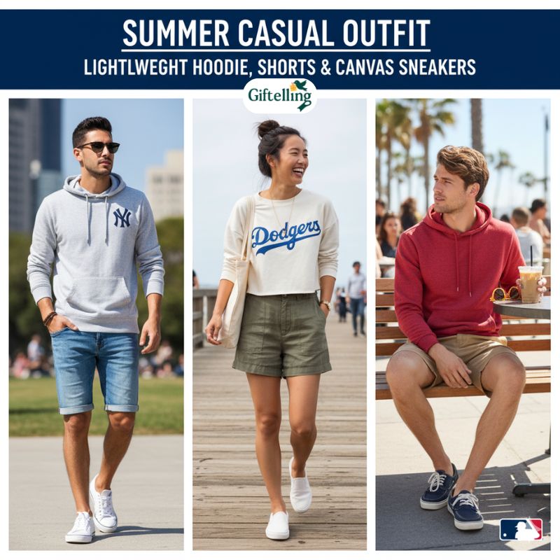 Summer casual outfit with lightweight MLB hoodie shorts canvas sneakers and minimal accessories