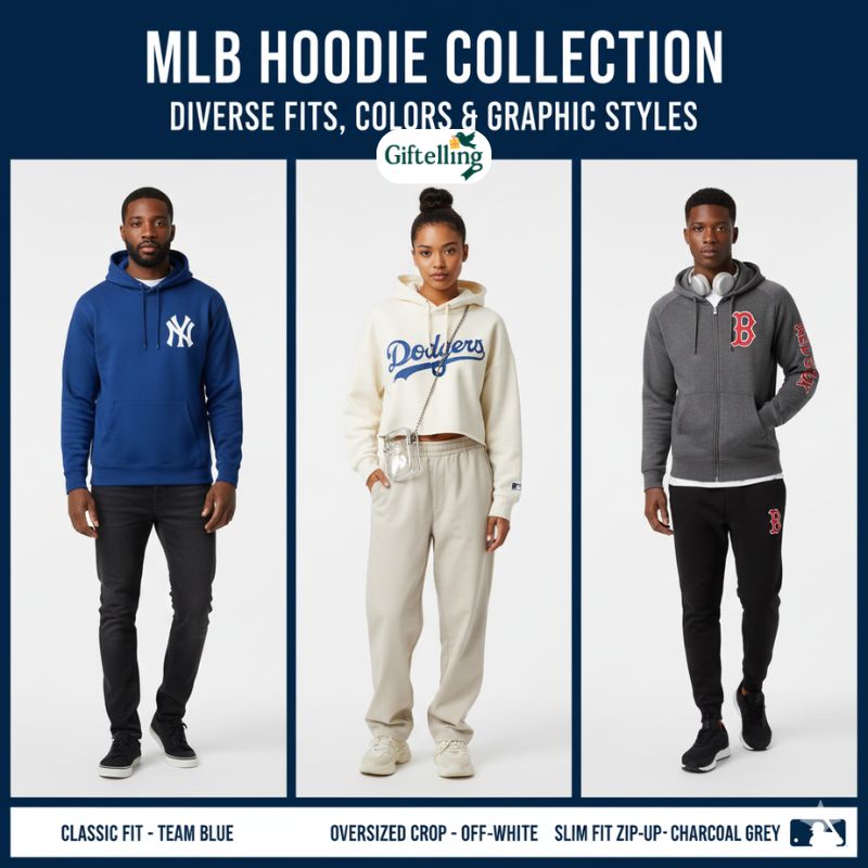 Variety of MLB hoodies showing different fits colors and graphic placements for diverse styling options