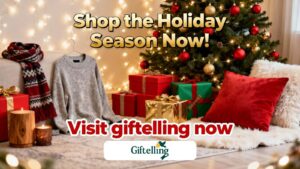 Black Friday and Christmas sale banner featuring fashion clothing and home decor gifts from Giftelling
