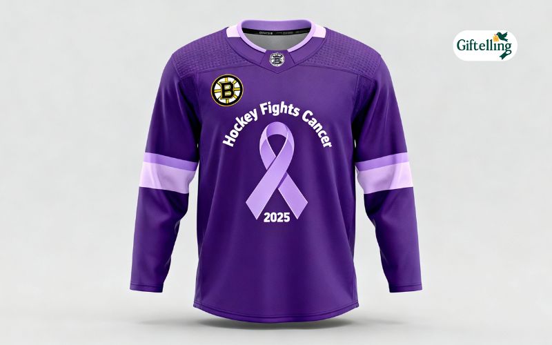Boston Bruins Hockey Fights Cancer 2025 purple warmup jersey with lavender ribbon design