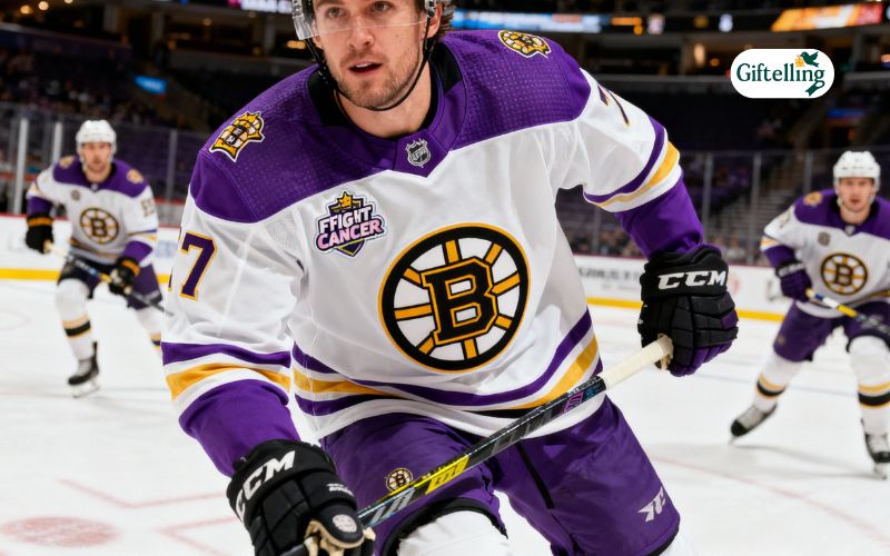 Boston Bruins star players wearing Hockey Fights Cancer purple-accented warmup jerseys on ice