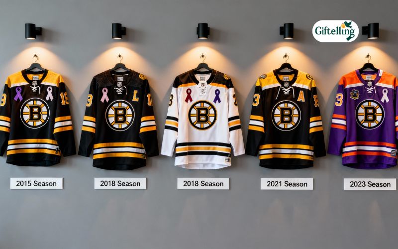 Display collection showing evolution of Bruins Hockey Fights Cancer jerseys from multiple past seasons