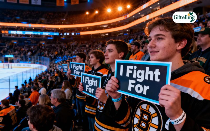 TD Garden fans holding I Fight For dedication signs during Bruins Hockey Fights Cancer night