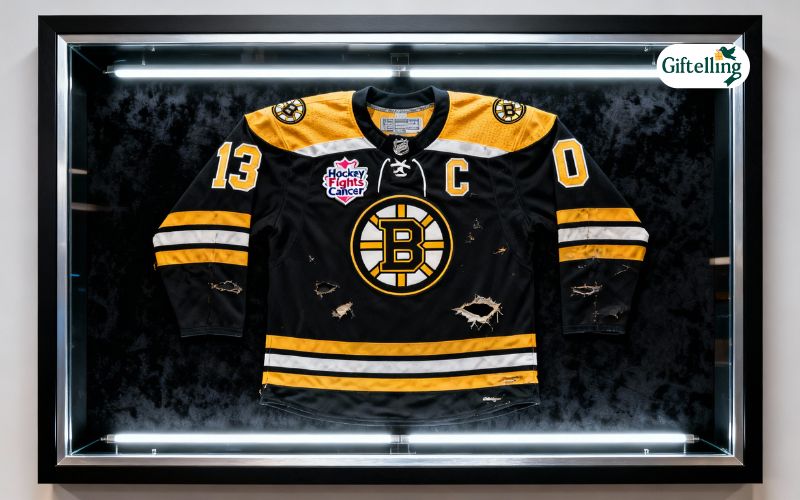Professional framed display of game-worn Bruins Hockey Fights Cancer jersey in UV-protective case