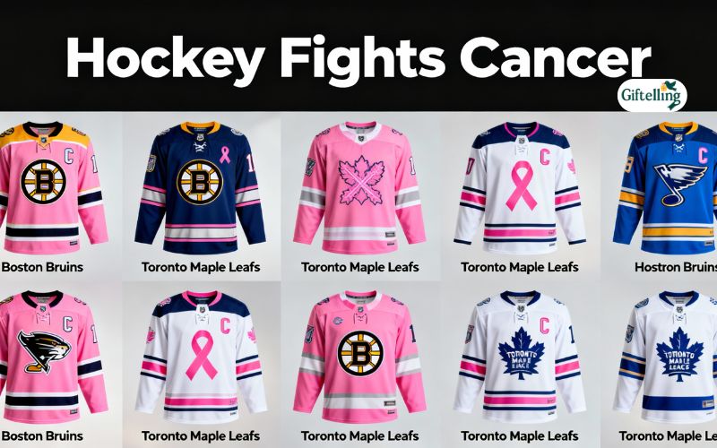 Collage showing multiple NHL teams Hockey Fights Cancer jersey designs from various franchises