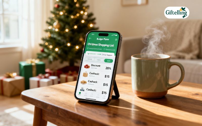 Christmas packages being prepared for shipping with tracking labels and festive wrapping