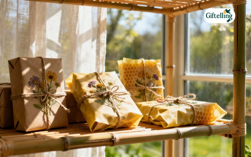 Eco-friendly Christmas gifts wrapped in sustainable materials with natural decorations