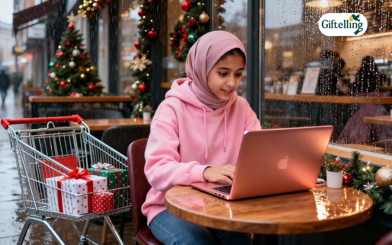 Woman browsing Christmas sale gifts on laptop with shopping cart and gift boxes nearby